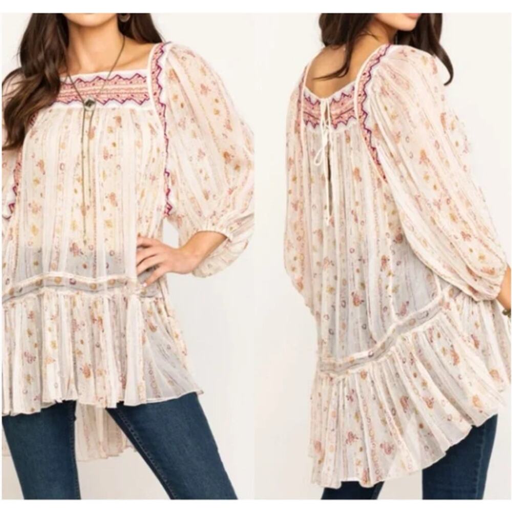 Free People Dance Magic Tunic Top Sheer Embroidered Metallic Thread Floral XS‎